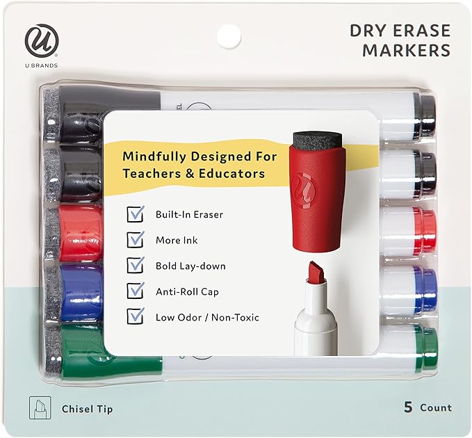 U Brands Fine Tip Dry Erase Markers with Eraser, Whiteboard Markers with Chisel tip, Extra Ink, Low Odor, Assorted Colors, Set of 5