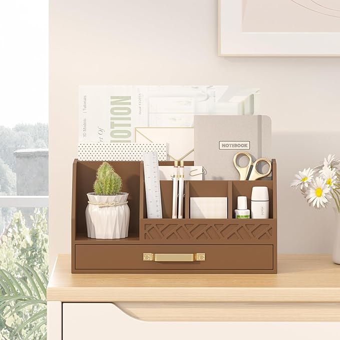 Bamboo Desk Organizer with Drawers, Mail Organizer Countertop Wood Desk Drawer Tabletop Storage Organization Pen Holder Letter Sorter Makeup Organizer for School Home Office (Brown)