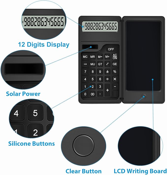 Calculator with Notepad, TRELC 12 Digits LCD Display Solar Desktop Calculator, Support Solar and Battery, Multi-Function Portable Calculators for Office, School and Home
