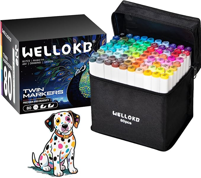 Alcohol Markers Set, 80 Colors Dual Tip Art Markers with Broad and Fine Tips for Adult Coloring Books, Drawing, Illustration, Sketching, No Bleed Ink Supplies