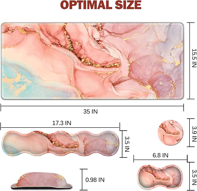 Upgraded Extended Gaming Mouse Pad, Keyboard Wrist Rest Pad, Wrist Support Mousepad Set, Artso Large Stable Rubber Base Stitched Edges, Multifunctional Desk Pad 35 x15.5 in, Abstract Pink Marble