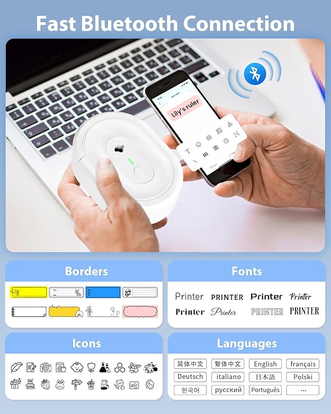 Label Maker Machine with Tape, N12 Portable Bluetooth Label Printer, Wireless Mini Label Makers Thermal Sticker with Multiple Templates for Home, Kitchen, School, Office Organization, White