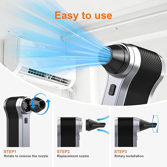 JUFINX Electric Air Duster-130000RPM Compressed Air Duster with Brushless Motor,3-Gear Speeds - Snow Blower, 4pcs Nozzles - Air Duster for Keyboard,Car,PC,Home,Outdoor,Snow and Leaves Cleaning