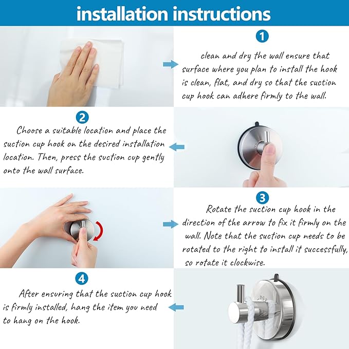 DGYB Suction Cup Hooks - 15LB Shower Hooks for Inside Shower, Stainless Steel No Drill Wall Hook Set of 2 Chrome Towel Hook for Bathrooms, Loofah, Robe