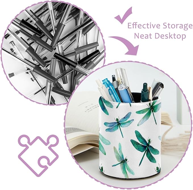 Leather Pen Holder for Desk Dragonflies Cute Pattern Pencil Cup Desktop Organizer Makeup Brush Holders Office Supplies for Home, Kids & School
