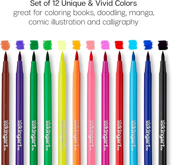 KINGART 'Watercolor-Effect' Brush Markers (410-12), 12 Colors - Brightly Colored Markers, Journaling, Lettering, Kids and Adult Coloring Books, and More, Convenient Carrying Case