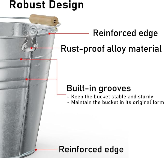 4 Gallon Galvanized Ice Bucket - Large Rustproof Metal Bucket Drink Tub with Wood Handles - 13" Beverage Bucket for Party BBQ Wedding Home Décor & Storage - 13"L x 13"W x 12"H