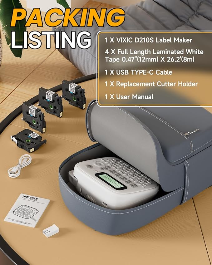 Vixic Label Maker Machine, D210S Label Maker Machine with Tapes Waterproof, Handheld Label Machine with Keyboard Powered by USB-C, Labeler with Chain Print Reduce Wastes for Home Office Organization