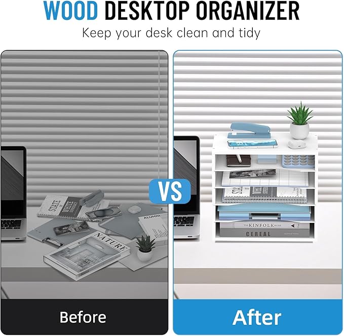 5-Tier Wood Desk Organizer, Paper Tray Organizer for Desk with Adjustable Storage Shelves, Desktop Paper Sorter Mail Holder for Office Home Classroom, White