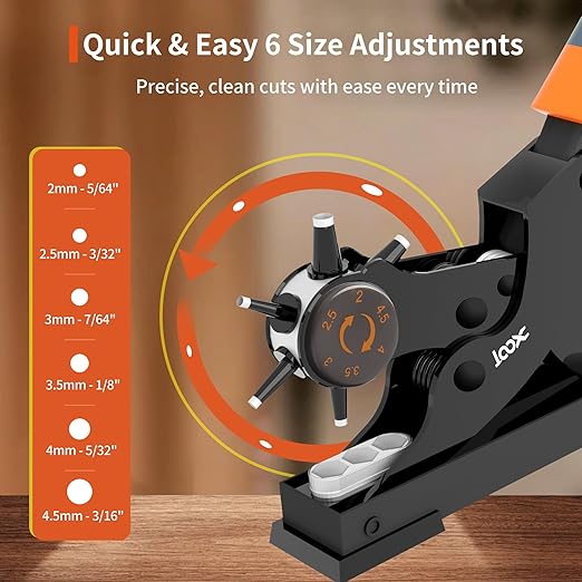 XOOL Revolving Punch Plier Kit, Leather Hole Punch Set for Belts, Watch Bands, Straps, Dog Collars, Saddles, Shoes, Fabric, DIY Home or Craft Projects, Heavy Duty Rotary Puncher, Multi Hole Sizes Make