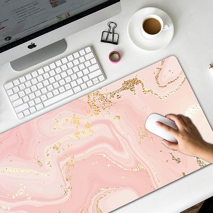 Extended Gaming Mouse Pad (31.5 X 11.8 in), Large Non-Slip Rubber Base Mousepad,Keyboard Mouse Mat Desk Pad for Work, Game, Office - Pink Rose Gold Marble, MOU-08