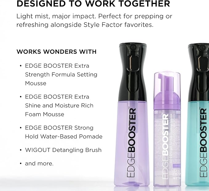 Style Factor Edge Booster Mist Spray Bottle for Hair (10.1oz/300ml) - Continuous Ultra Fine Mist Sprayer – For Hairstyling, Salons, Cleaning, Plants, Essential Oil & More - Purple