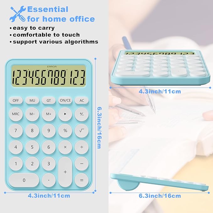 Cute Calculators Desktop Size 6.3 * 4.3in/16 * 11cm, DECKLIT Battery 12 Digit Desk Calculator Extra Large LCD Display, Great Desktop Calculator Big Buttons, 15°Tilt Screen for Kids Calculator(Blue)