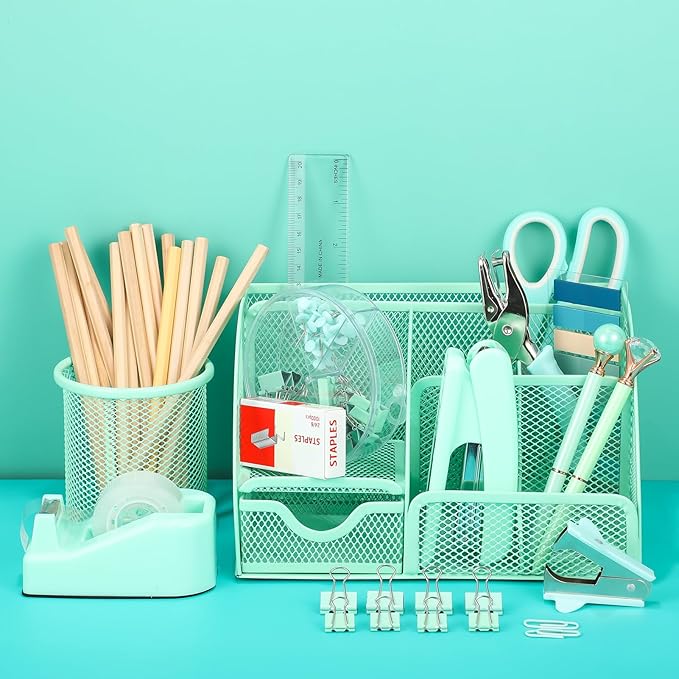 Green Desk Organizers and Accessories, Teal Office Supplies Set Green Mesh Desk Organizer, Stapler, Tape Dispenser, 1000 Staples, Staple Remover, Pen Holder, Clips Set, Ruler, Scissors