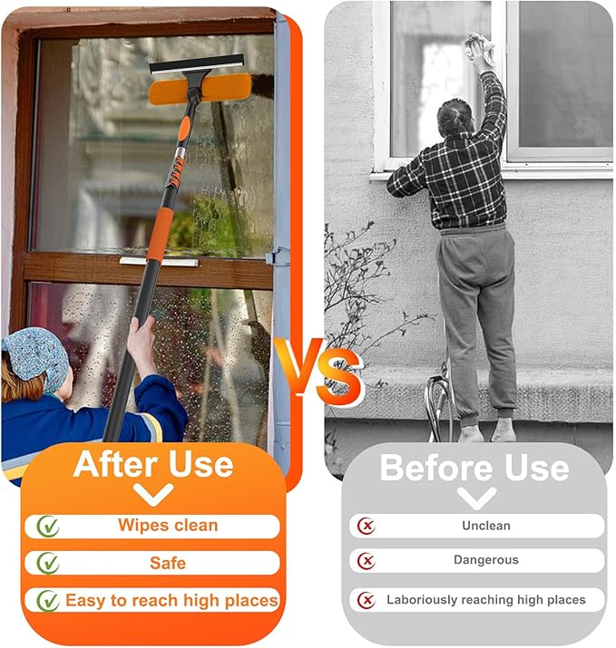 LAANPOLE 36FT Window Squeegee with Extension Pole, 2-in-1 Squeegee for Window Cleaning, Professional Cleaning Kit for Home with 30FT Telescoping Pole for Outdoor Indoor Use