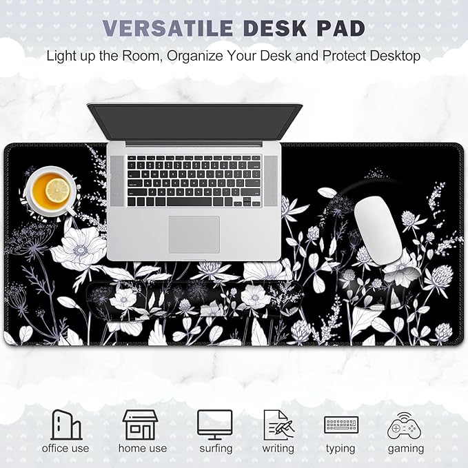Gaming Mouse Pad, Large Desk Mat, Cute Desk Pad Protector, 4in1 XXL Mousepad + Keyboard Wrist Rest+Mouse Wrist Rest+Coaster Set with Ergonomic Desk Pad for Home Office PC Computer, Black White Flowers