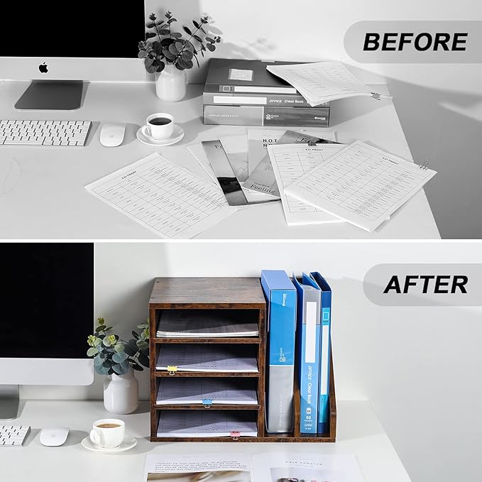 PAG Wood Desktop File Holder Organizer Mail Sorter for File Folders, Mails, Envelopes, Mailing Supplies or Magazines, Brown