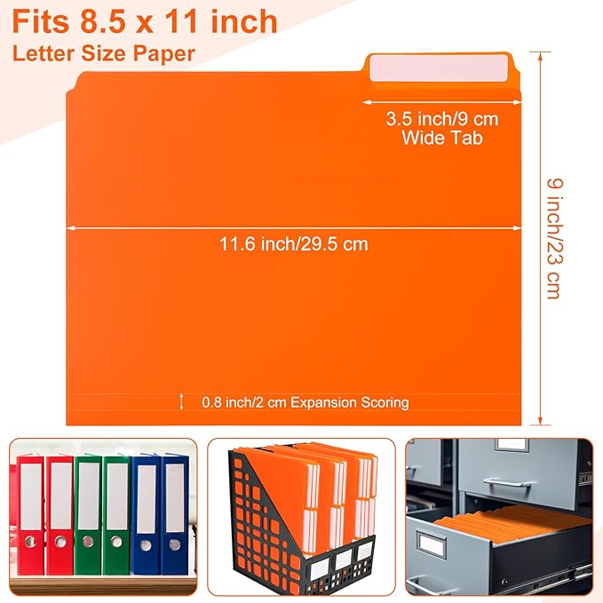 48 Pack Colored Plastic File Folders with Tabs and Sticky Labels Sturdy 1/3 Cut Tab Manila File Folders Letter Size 8. 5 x 11 Inch for Office Home Supplies Organizer Documents(Orange)
