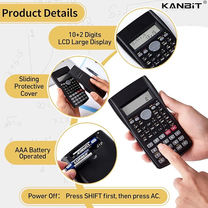 Scientific Calculator 2 Pack,2-Line Clear Display 240 Functions Basic Calculator AAA Battery Operated for Math Algebra Fraction Non Graphing Auto Shut-Off Calculator for Students&Business,Black