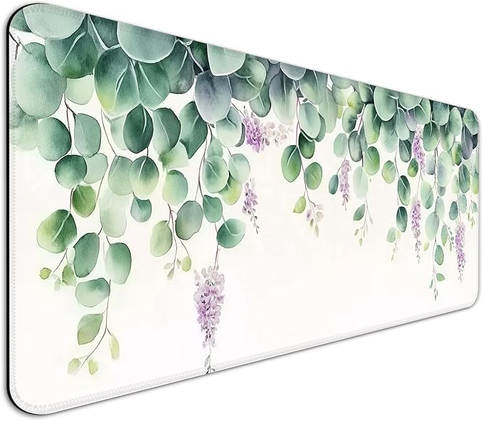 Watercolor Green Leaf Gaming Desk Mat, Extended Large Minimalist Aesthetic Mouse Pad, Computer Keyboard Laptop Mousepad for Work, Office and Home, XL