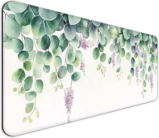 Watercolor Green Leaf Gaming Desk Mat, Extended Large Minimalist Aesthetic Mouse Pad, Computer Keyboard Laptop Mousepad for Work, Office and Home, XL