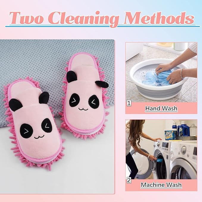 Liitrton 1 Pair Detachable Mop Slippers Shoes Microfiber Chenille Soft Comfortable Dust Dirt Hair Cleaner for Room Bathroom Kitchen Office (Pink Panda)