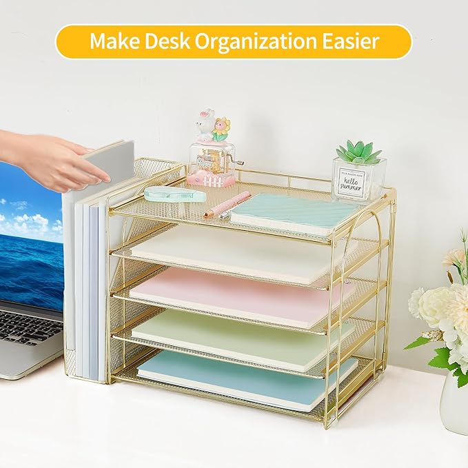 AUPSEN Gold Desk Accessories Organizer,5-Tier Letter Tray Paper Organizer with Adjustable File Holder, Desktop Office Desk Accessories for Office Supplies
