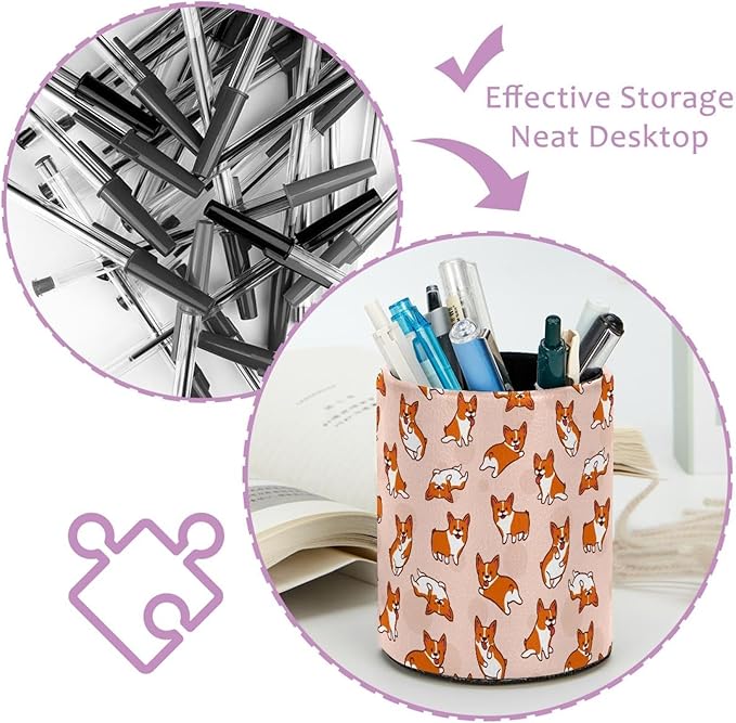 Round Creative Pen Holder |Funny Corgi Dog Desktop Storage Organizer|Gadget Stationery Storage Box|Office Leather Organizer