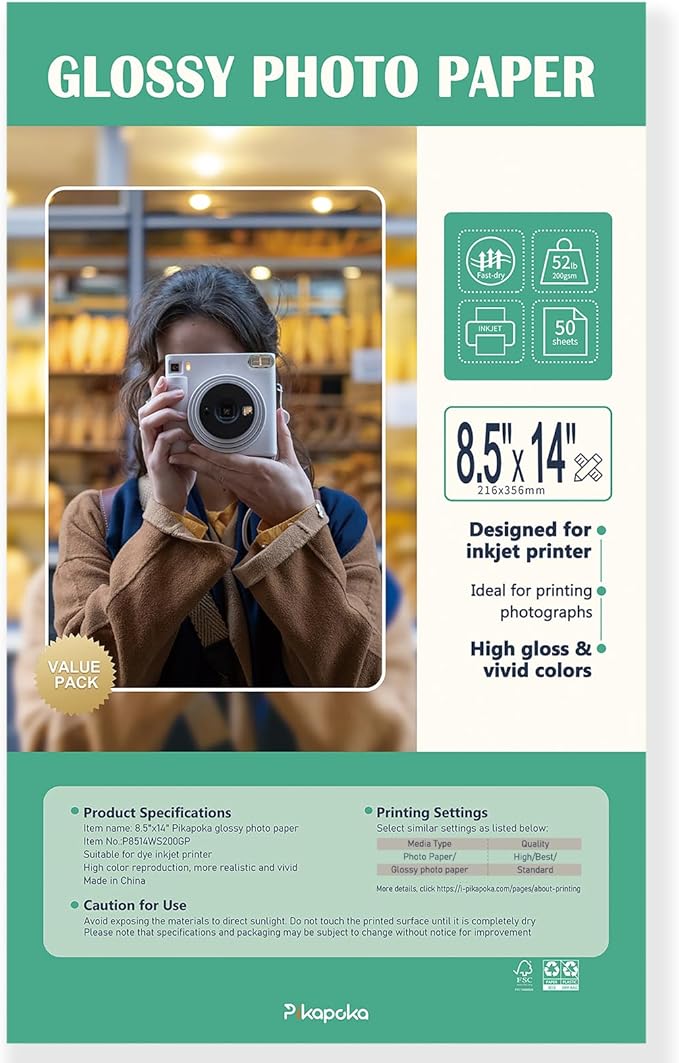 8.5 x 14 Glossy Photo Paper for Inkjet Printer, US Legal Size, 50 Sheets (P8514WS200GP)