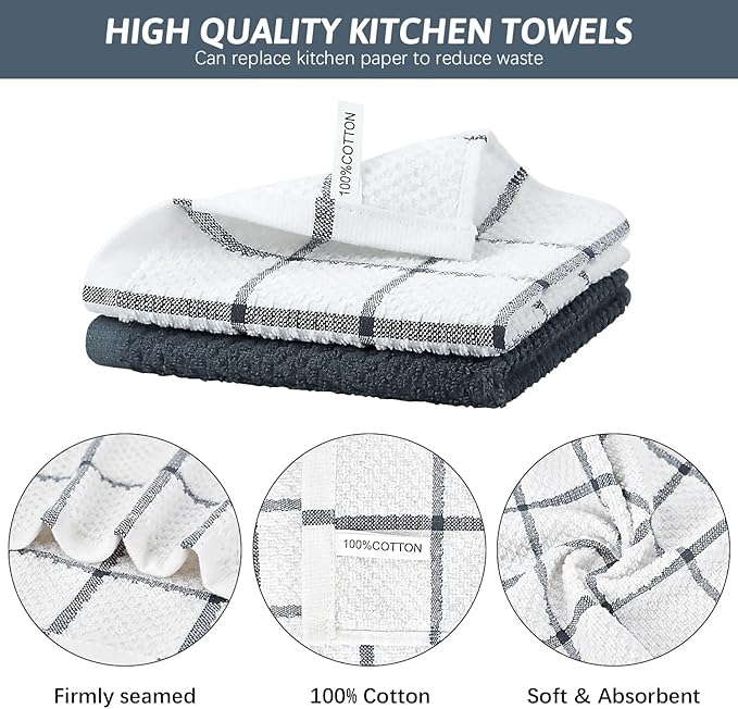 Nialnant 8 Pack Kitchen Towels,100% Cotton Dish Cloths for Washing Dishes,Soft Absorbent Dish Towels for Kitchen,Quick Drying Kitchen Rags,12x12 Inches,Grey