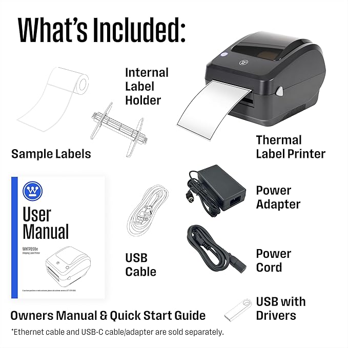 Westinghouse Thermal Shipping Label Printer USB, 4x6 Label Commercial Grade, Compatible with USPS, UPS, FedEx, eBay, Shopify, Amazon, & More, Desktop Label Printer for Packages, Includes Sample Labels