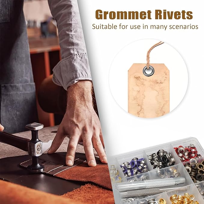 Litoexpe 5MM Grommets Eyelets 600 Pcs, Eyelet Hole Punch Die Tool (Includes Base & Ram), 12 Colors Self Backing Eyelets Kit for Leather Craft Clothing Handbag Fabric Curtain DIY