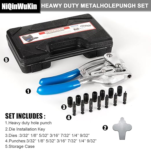 Metal Hole Punch Tool Set - Professional Heavy Duty Hole Punch for Metal - Hand 3/32in to 9/32in for Aluminum, Brass and Steel Sheet Metal with Storage Box - Blue