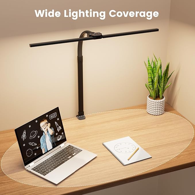 LED Desk Lamp for Home Office, 24W Computer Desk Light with Remote Control, Bright Table Lamp with Clamp Dimmable Tall Desktop Lighting with Bendable Gooseneck, Double Head, Black