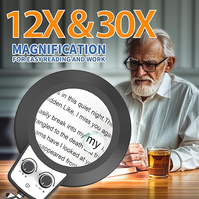 12X & 30X Magnifying Glass with Light, New Upgrade Infinite Color and Brightness Desk Lamp & Clamp, 2-in-1 LED Lighted Magnifier Stand for Craft Reading Hobby Soldering Puzzle Close Work- Black