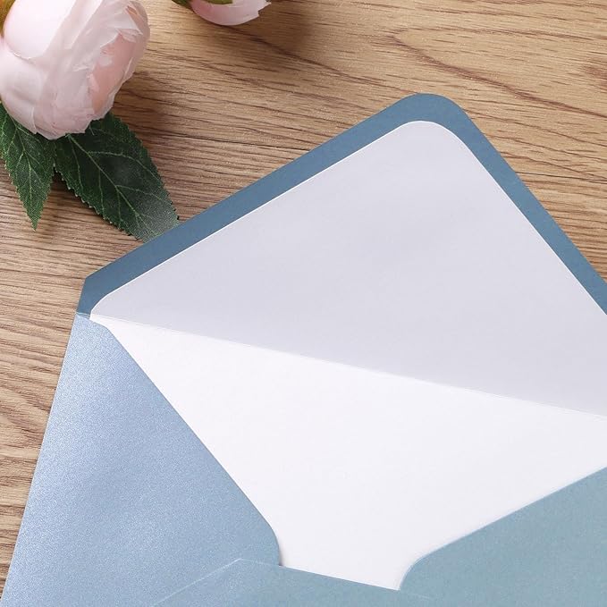 PONATIA 50 Pieces/lot A7 Envelopes, 5.25 X 7.25'' Dusty Blue Envelopes Perfect For 5x7 Weddings Invitation Cards, Graduation, Acrylic Invitations, Photos (Pearl White Liner + Dusty Blue)
