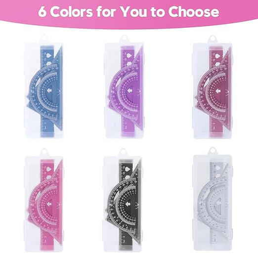 MSDADA Triangle Ruler, Protractor, Square and Ruler Set, 4 Pieces Aluminum Alloy Ruler, Metal Drafting Ruler Kit, Geometric Protractor for Student, School, Home, Office (Pink, 15cm/5.9inch)