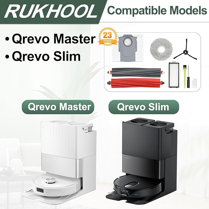 RUKHOOL Qrevo Slim Replacement Accessories for Roborock Qrevo Master/Qrevo Slim Replacement Parts Q revo Master Accessory Kit, 2 Main Brushes, 6 Dust Bags, 4 Filters, 4 Mop Pads 4 Side Brushes