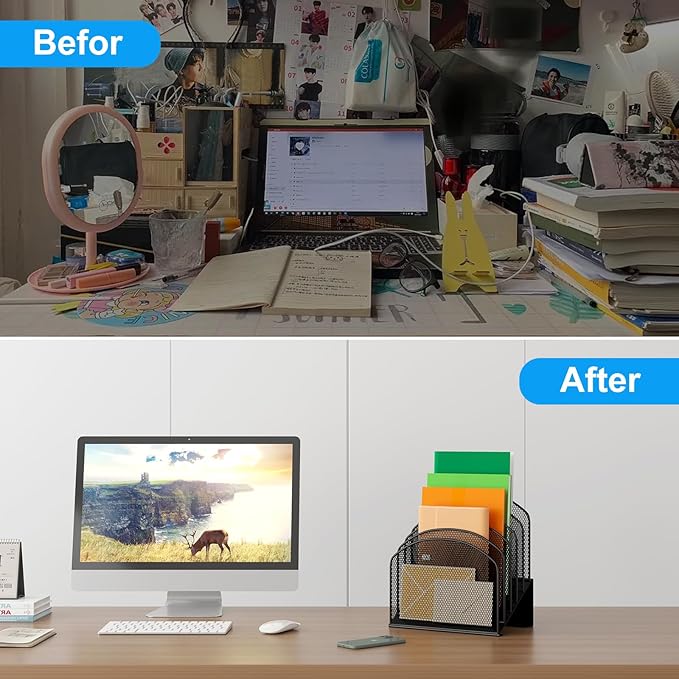 Desk File Organizer, Metal Mesh Vertical Desktop File Folder Holder for Office & School & Home, 1 Pack