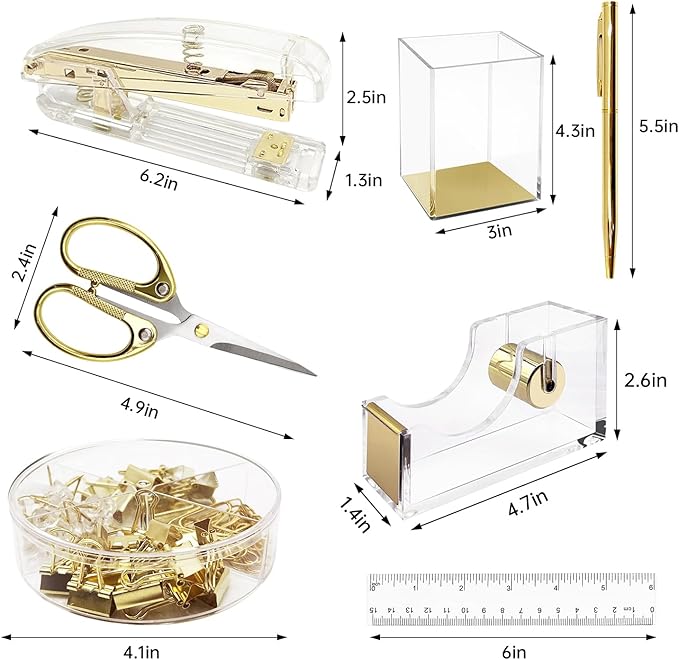 DRQ Gold Desk Accessories, Office Supplies Acrylic Stapler Set, 10Pcs Set for Office with Stapler, Tape Dispenser, Pens, Pen Holder, Phone Holder, Tape, Ruler, 1 Box Staple, Scissors and 1 Box of Clip