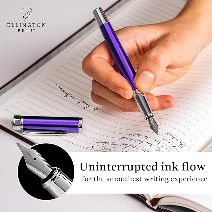 Ellington Pens Luxury Fountain Pen Set - Smooth Fine Nib - Includes 3 Ink Cartridges, Refillable Ink Converter, Gift Box - Fountain Pens For Writing, Calligraphy, Journaling, Sketching (Purple Haze)
