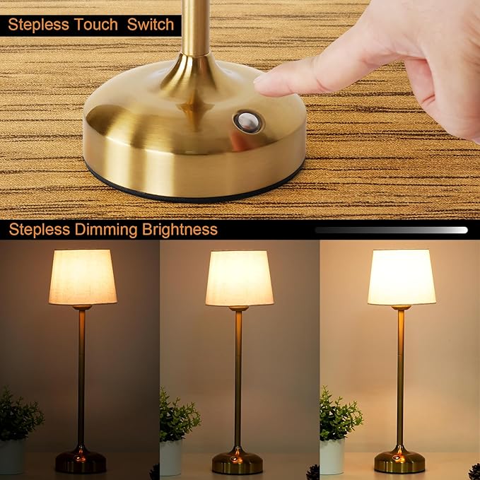 YAYZA! Cordless Table Lamp Adjustable Height Desk lamp, Fabric Shade 7500mAh Rechargeable LED Wireless Touch Night Light Stepless Dimming, 3 Color Temperatures with Edison Bulb (High Gold - 2 Pack)