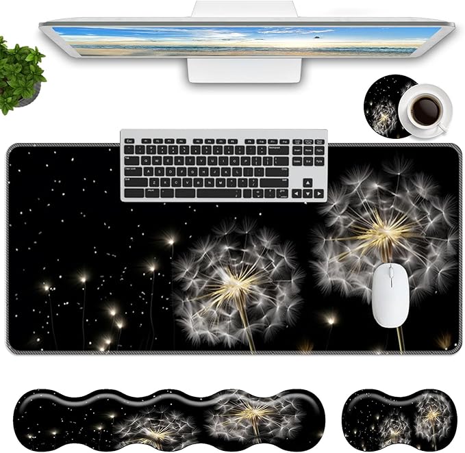 Keyboard Mouse Pad Set,Large Mouse Pad+Keyboard Wrist Rest+Wrist Support+Coaster,31.5x11.8in Extended Desk Mat for Computer Laptop Office Home-Dandelion