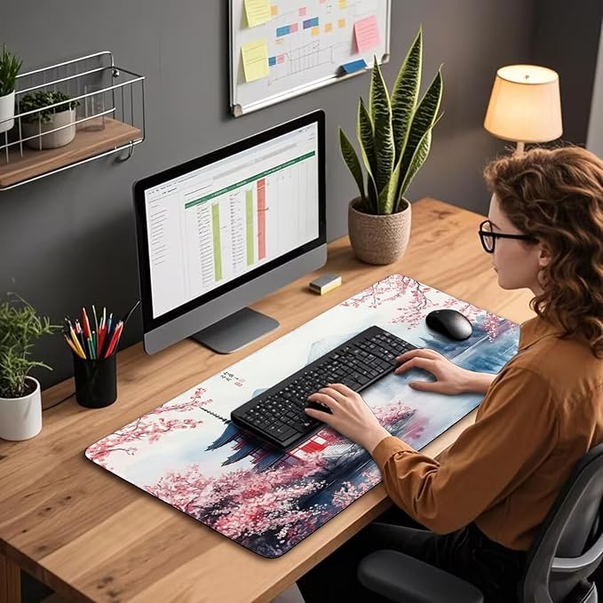 Japanese Cherry Blossom Large Gaming Mouse Pad 31.5"x15.7"｜ Mount Fuji Art XXL Desk Mat, Non-Slip Rubber Base & Stitched Edges - Extended Waterproo Mousepad for PC/Laptop/Office/Home Decor