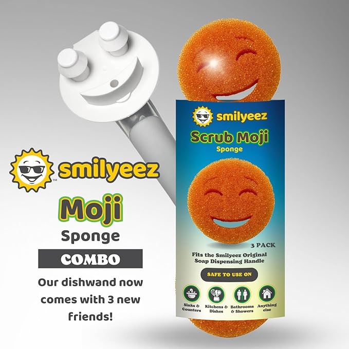 The Original Smiling Handle for Scrub Daddy (Reg. TM) Sponge and Scrub Moji Sponge - (Yellow Handle) & 3 Orange Scrub Moji's