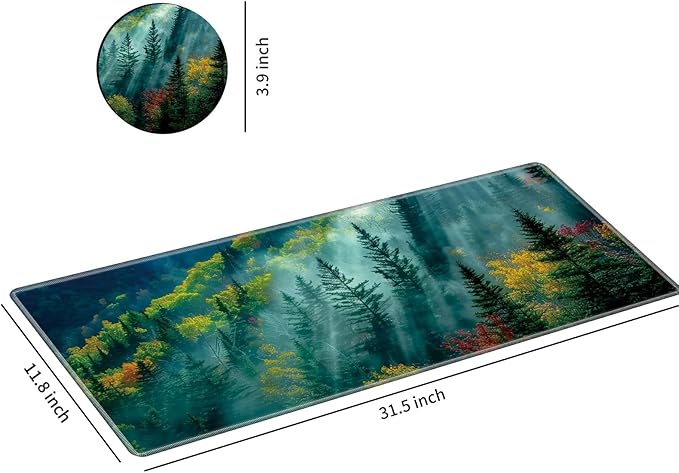 Desk Mat Large Gaming Mouse Pad (31.5x11.8 inch) with Stitched Edges, XL Mouse Pad +Coaster, Extended Mouse Mat Keybroad Mousepad Non-Slip Rubber for Gamer Men Women, Landscape Nature Forest