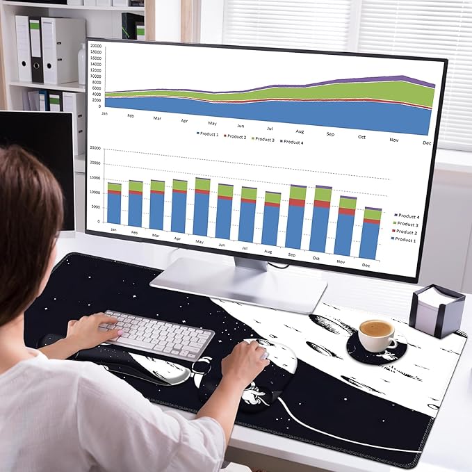 Large Mouse Pad, Keyboard Wrist Rest Set, Ergonomic Mouse Pad with Wrist Support, Desk Mat with Stitched Edges + Coaster, Extended Desk Pad Waterproof Desk Mat for Home Office Game I Space Astronaut