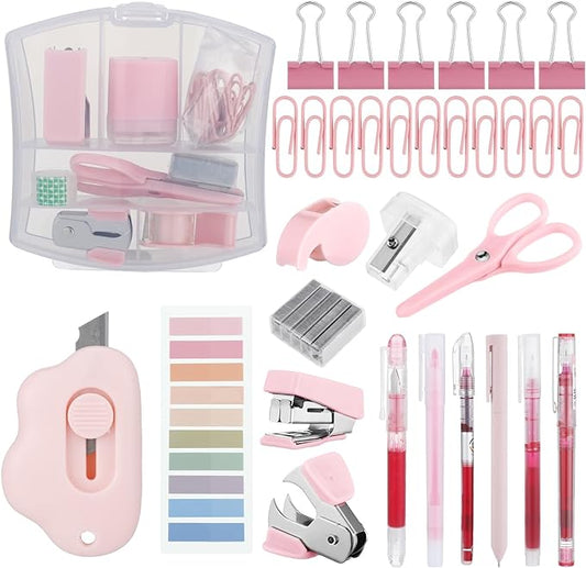 Colarr Mini Office Supply Kit Includes Stapler Tape Dispenser Staple Remover Paper Clips Scissor Staples Pen Sharpener Note Small Telescopic Knife for Office and School Clerk Student (Pink)