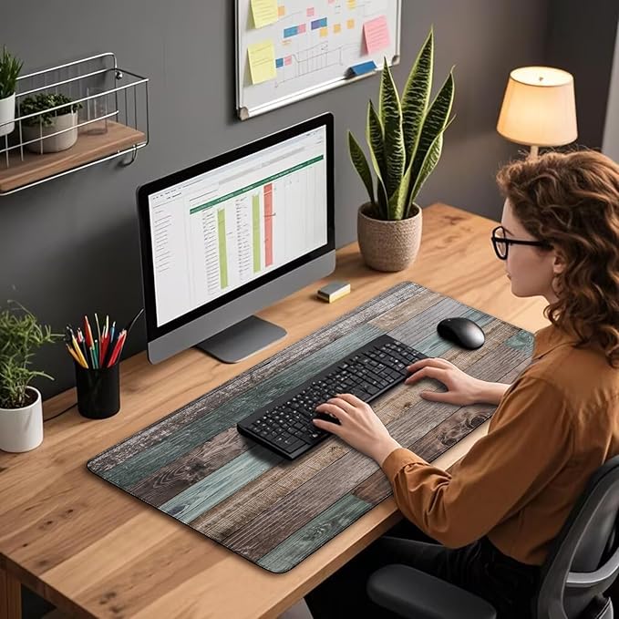 Rustic Wood Pattern Large Gaming Mouse Pad 31.5"x15.7"｜XXL Desk Mat, Non-Slip Rubber Base & Stitched Edges - Extended Waterproof Mousepad for PC/Laptop/Office/Home Decor