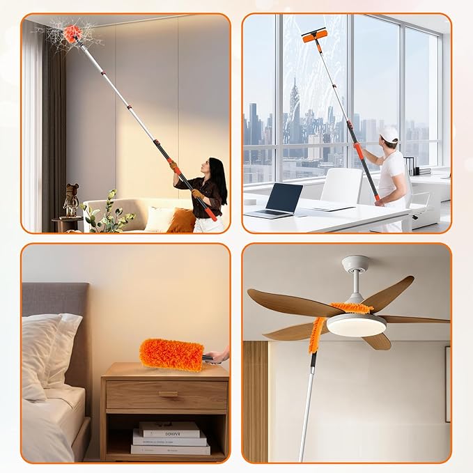 26FT High Reach Duster Cleaning Kit with 20FT Pole | 4-in-1 Tool Set with Universal Swivel Joint | High Ceiling Fan Cleaner, Microfiber Duster, & Window Squeegee for Safe High-Reach Cleaning